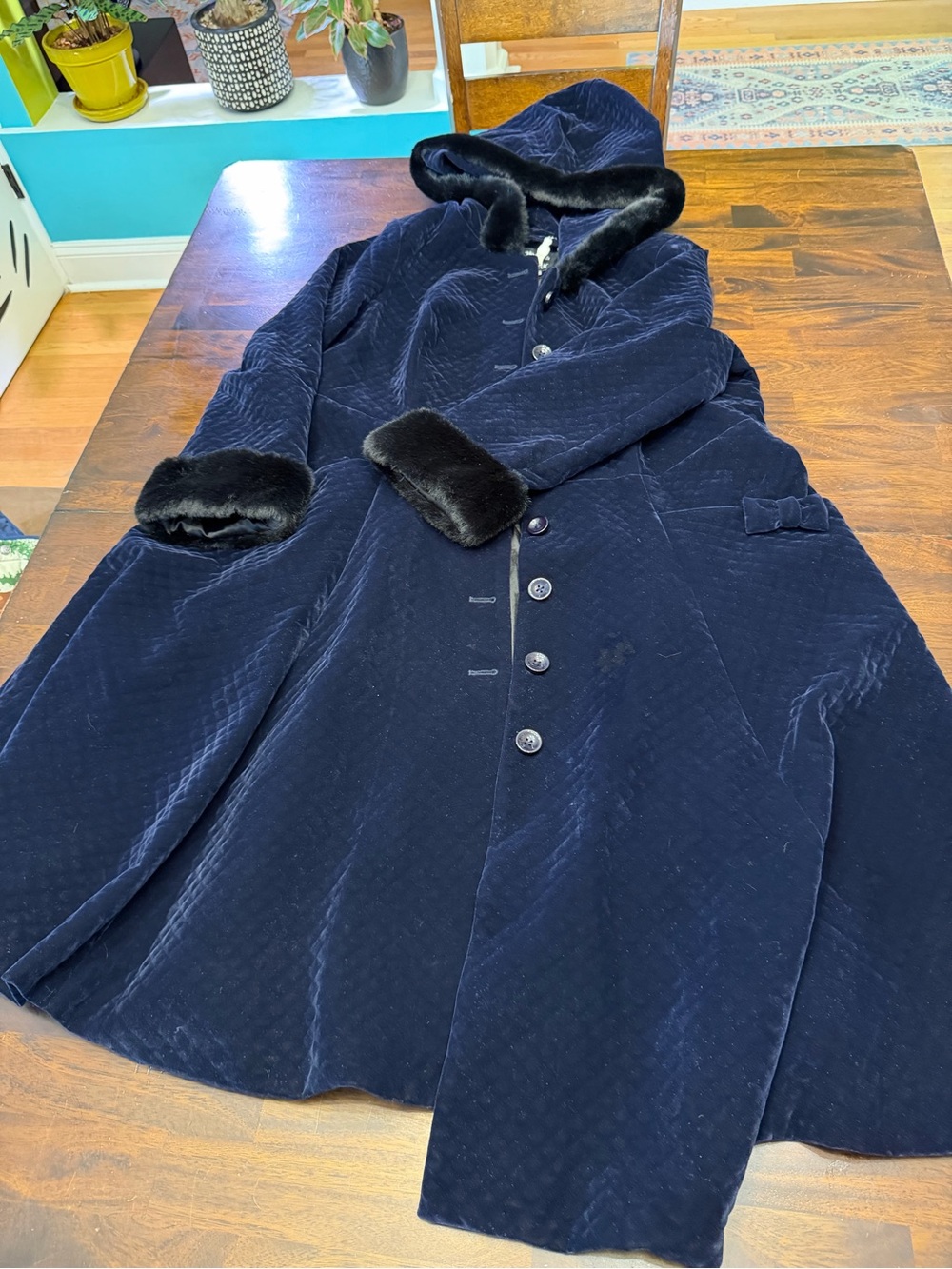 ModCloth x Collectif Charming Ways Navy Quilted Velvet Coat UK 20 Faux Fur & Bow - Picture 4 of 10